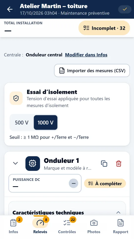 Onglet Relevés avec le bouton Importer des mesures (CSV)