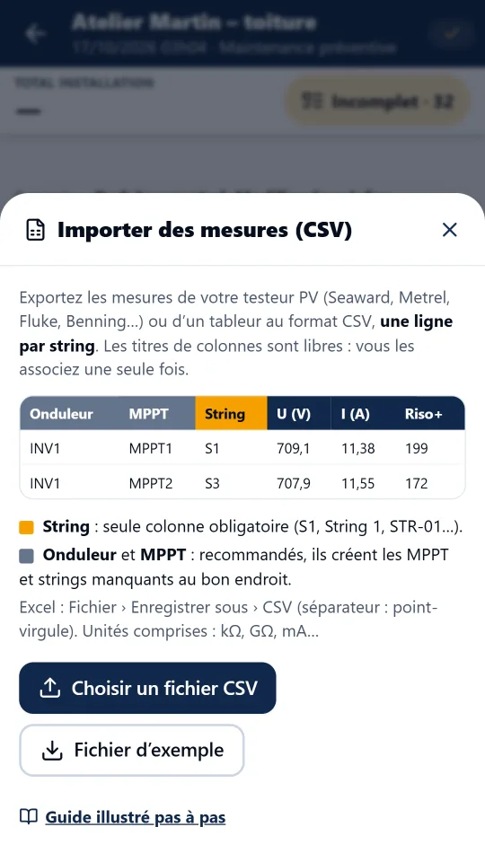 Fenêtre d’import avec le bouton Choisir un fichier CSV