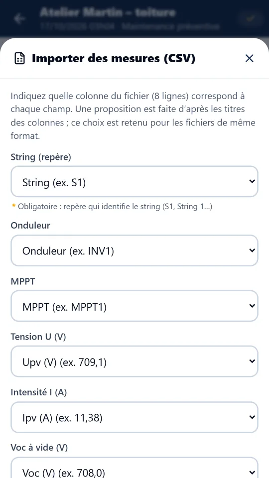 Correspondance des colonnes du fichier avec les champs de l’application