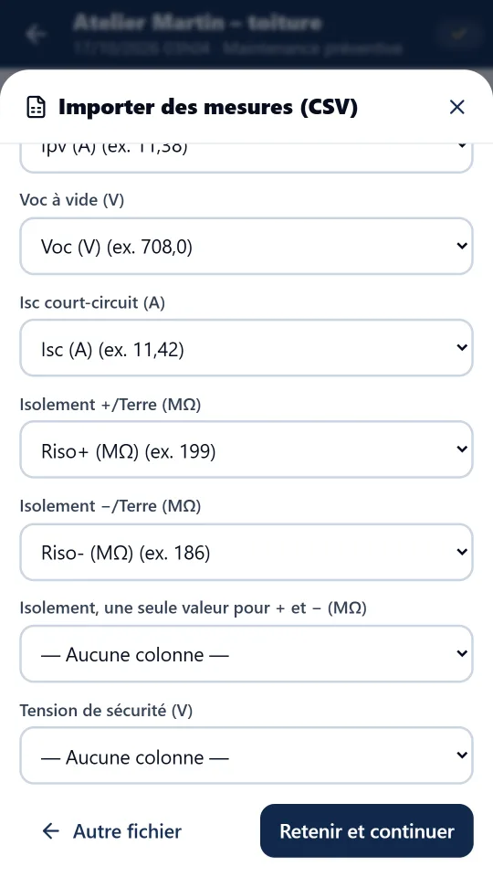 Fin de la correspondance des colonnes et bouton Retenir et continuer