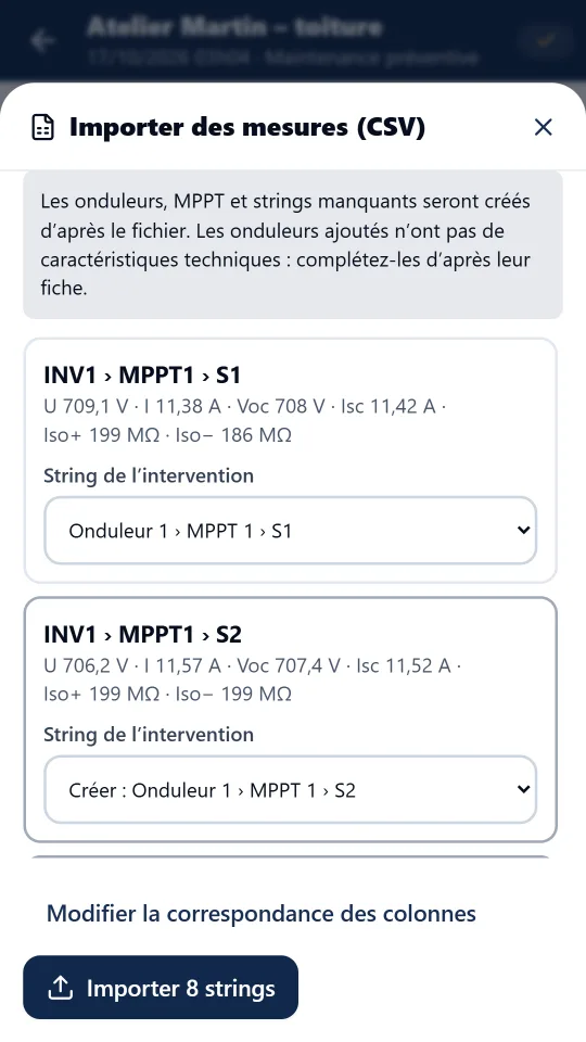 Aperçu de l’import avec les strings à créer